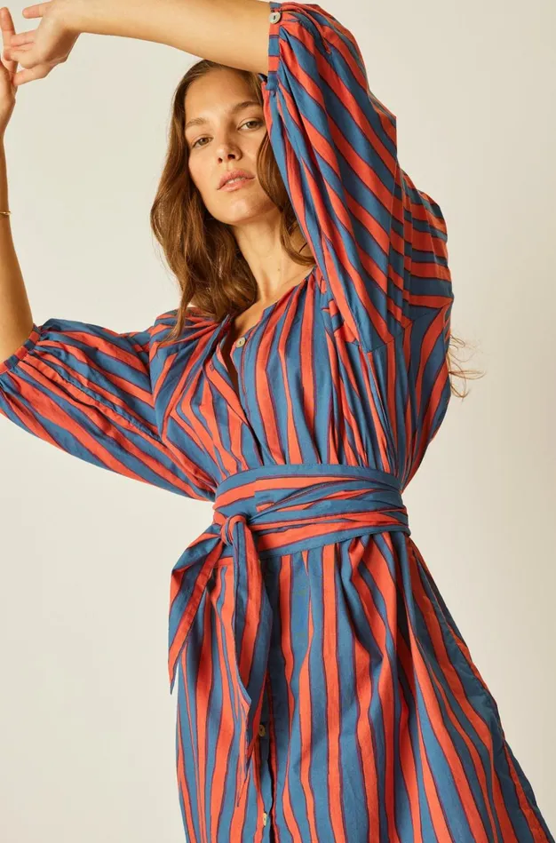 Alex Midi With Sash Batik Stripe Blood Orange Women Natalie Martin Dresses