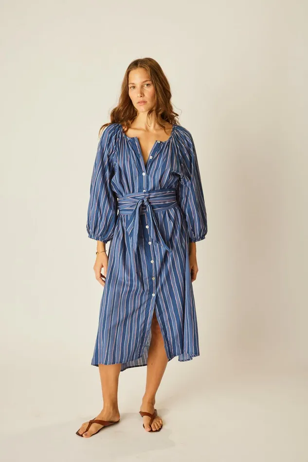 Alex Midi With Sash Batik Stripe Navy Women Natalie Martin Dresses