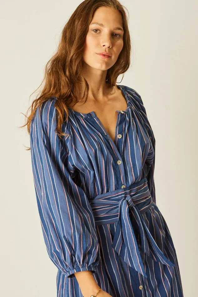 Alex Midi With Sash Batik Stripe Navy Women Natalie Martin Dresses