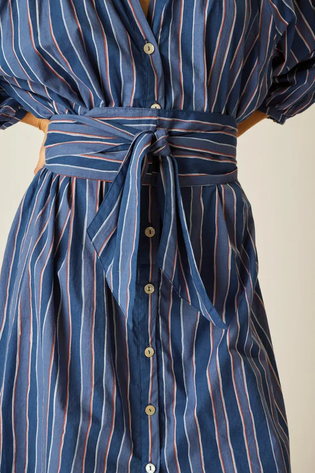 Alex Midi With Sash Batik Stripe Navy Women Natalie Martin Dresses