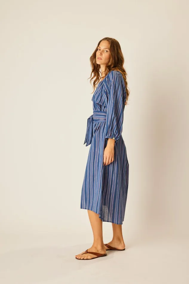Alex Midi With Sash Batik Stripe Navy Women Natalie Martin Dresses