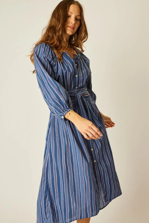 Alex Midi With Sash Batik Stripe Navy Women Natalie Martin Dresses