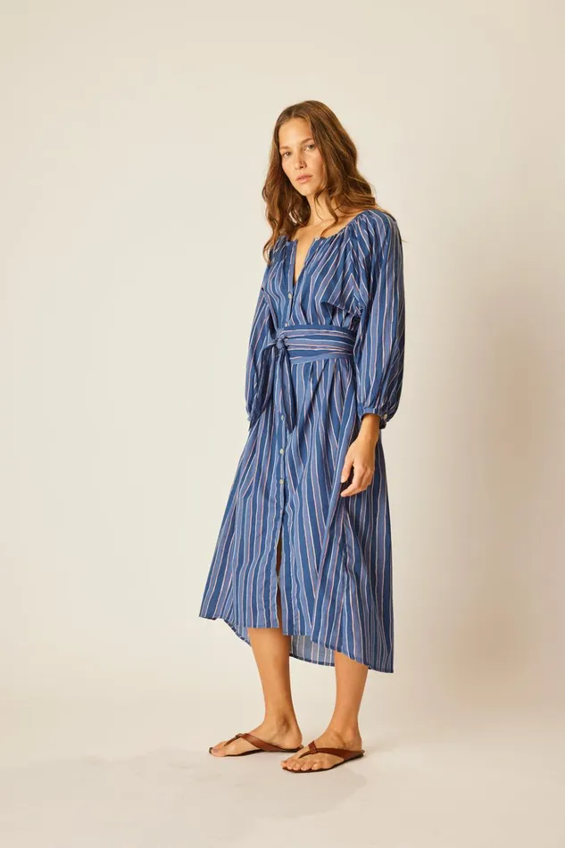 Alex Midi With Sash Batik Stripe Navy Women Natalie Martin Dresses