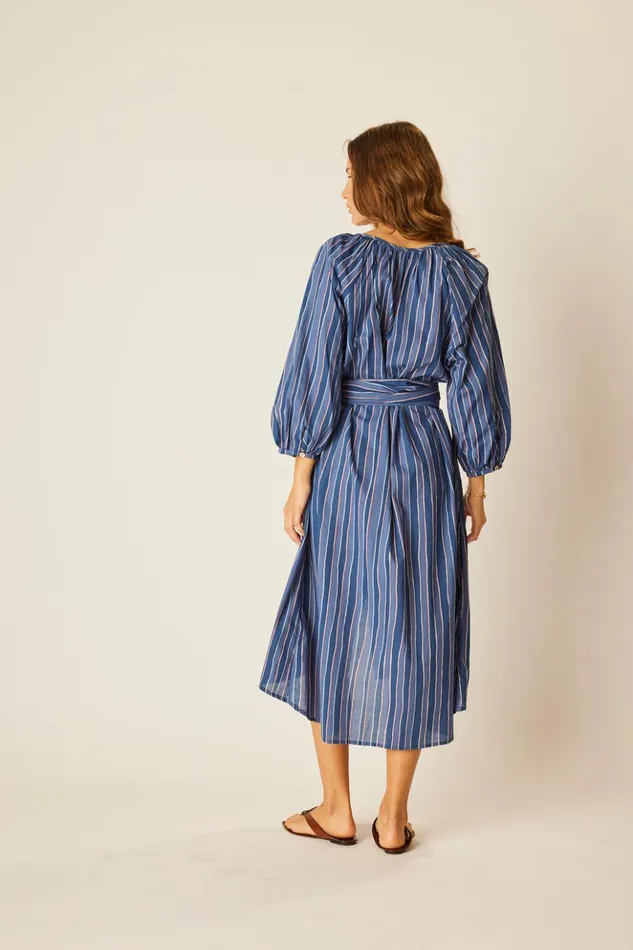 Alex Midi With Sash Batik Stripe Navy Women Natalie Martin Dresses
