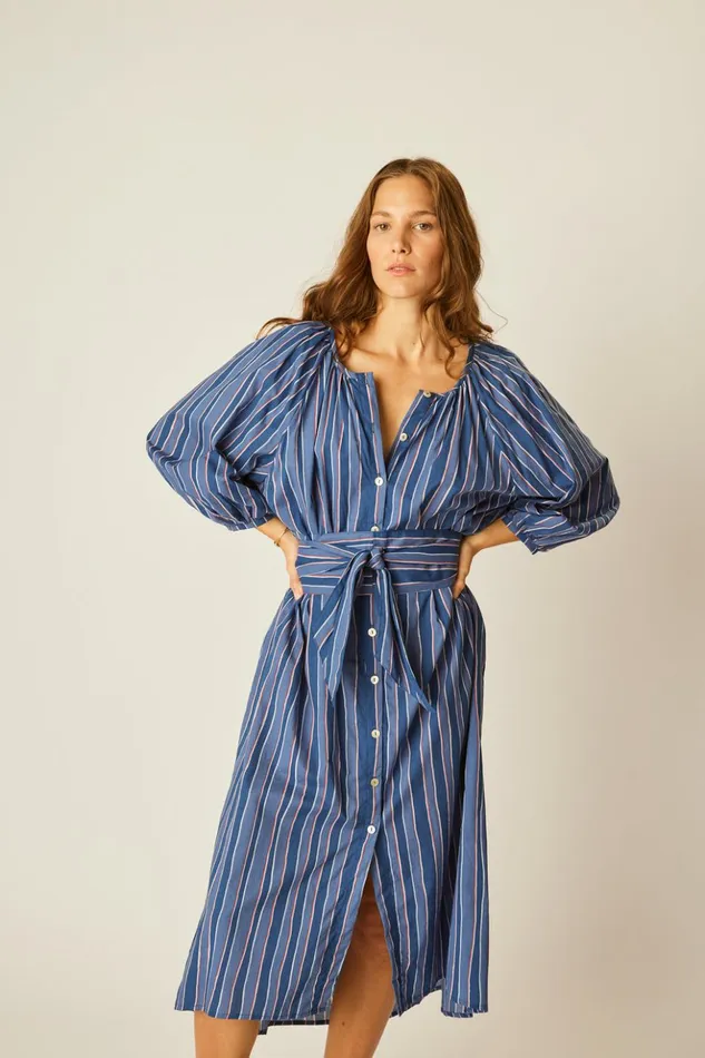 Alex Midi With Sash Batik Stripe Navy Women Natalie Martin Dresses
