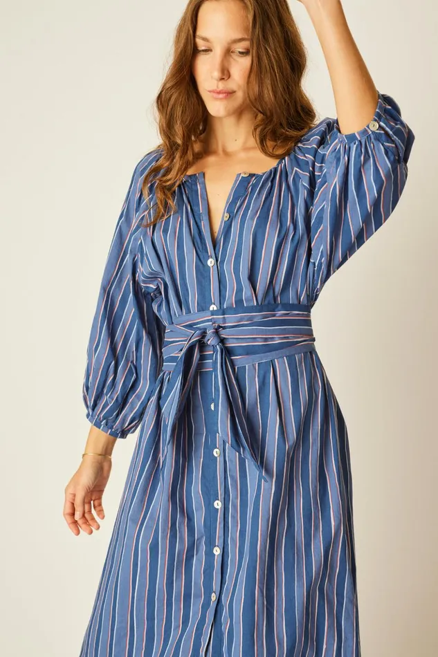 Alex Midi With Sash Batik Stripe Navy Women Natalie Martin Dresses