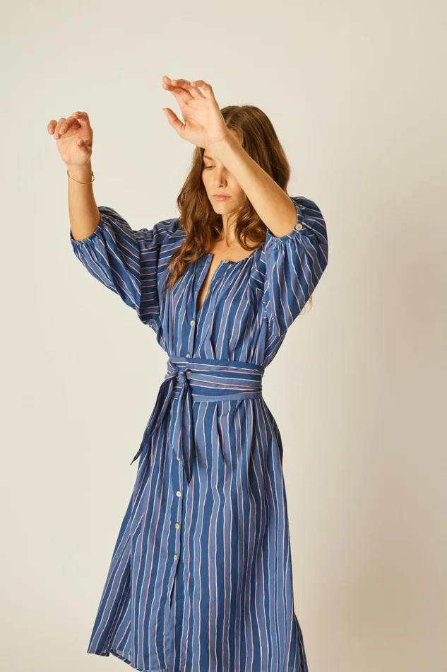 Alex Midi With Sash Batik Stripe Navy Women Natalie Martin Dresses