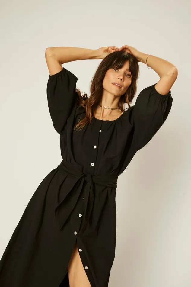 Alex Midi With Sash Black Flat Cotton Women Natalie Martin Dresses