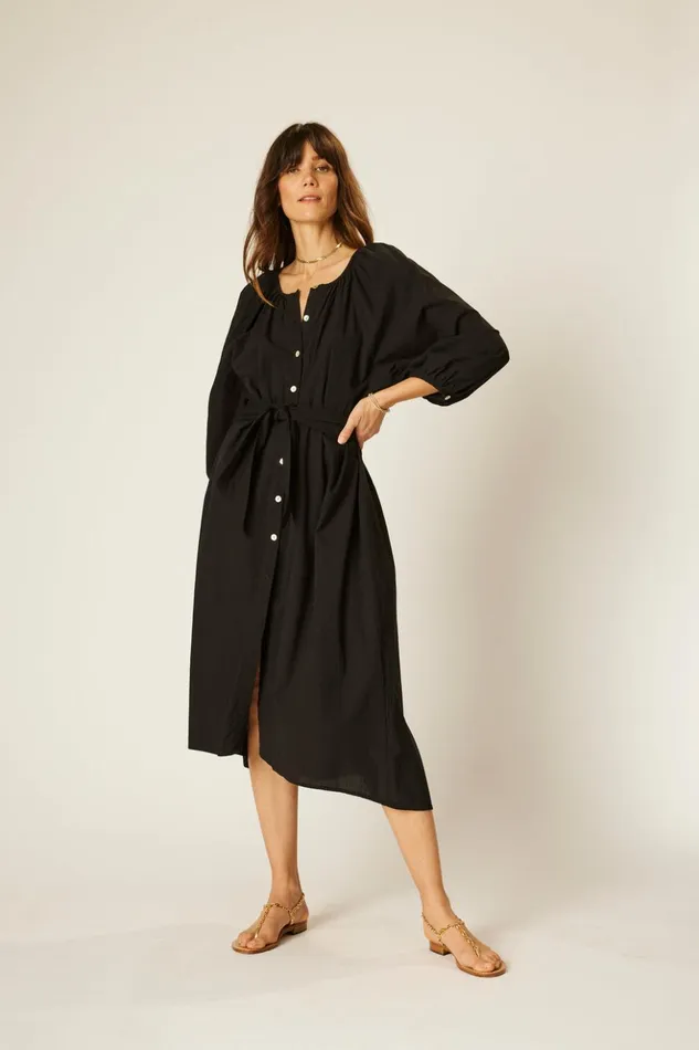 Alex Midi With Sash Black Flat Cotton Women Natalie Martin Dresses