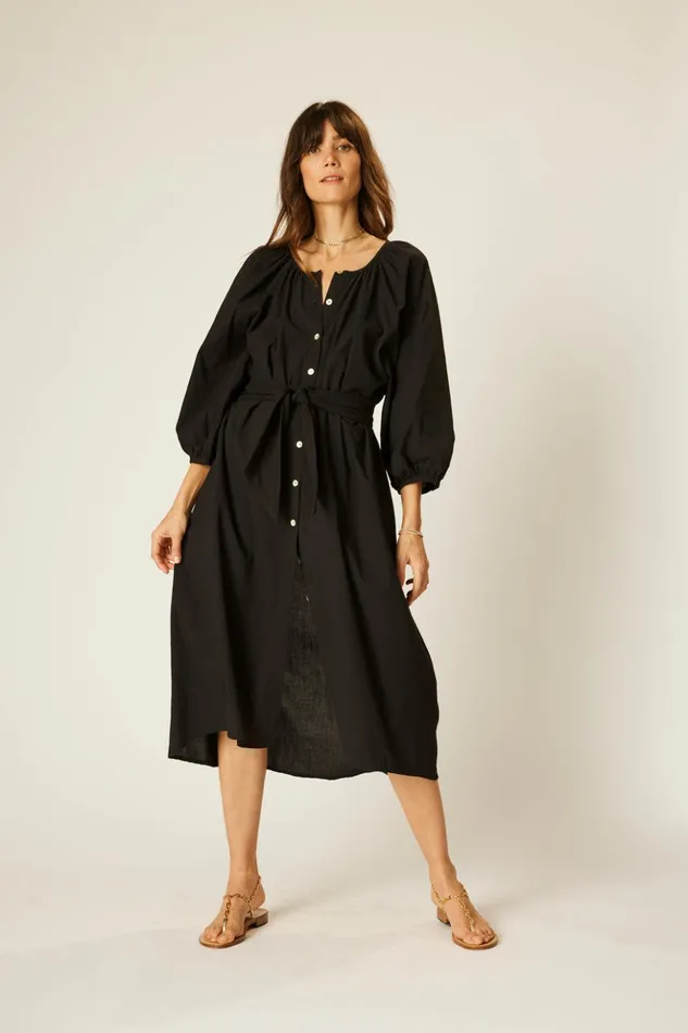 Alex Midi With Sash Black Flat Cotton Women Natalie Martin Dresses