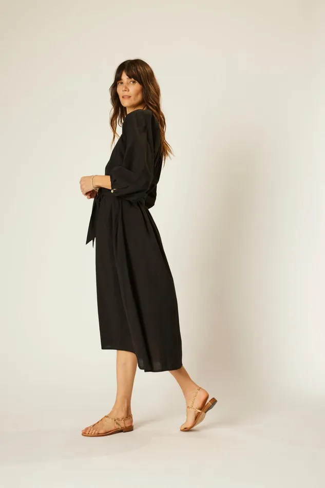 Alex Midi With Sash Black Flat Cotton Women Natalie Martin Dresses