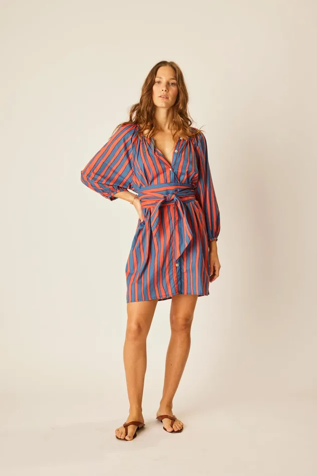Alex Short Dress With Sash Batik Stripe Sage Women Natalie Martin Dresses