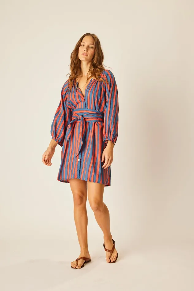 Alex Short Dress With Sash Batik Stripe Sage Women Natalie Martin Dresses