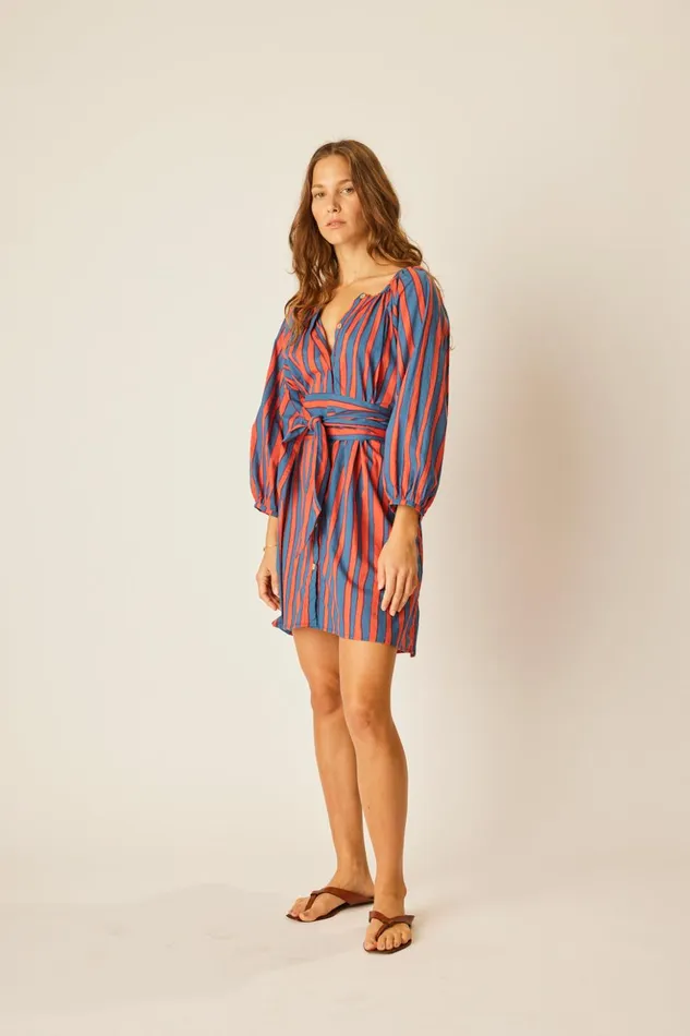 Alex Short Dress With Sash Batik Stripe Sage Women Natalie Martin Dresses