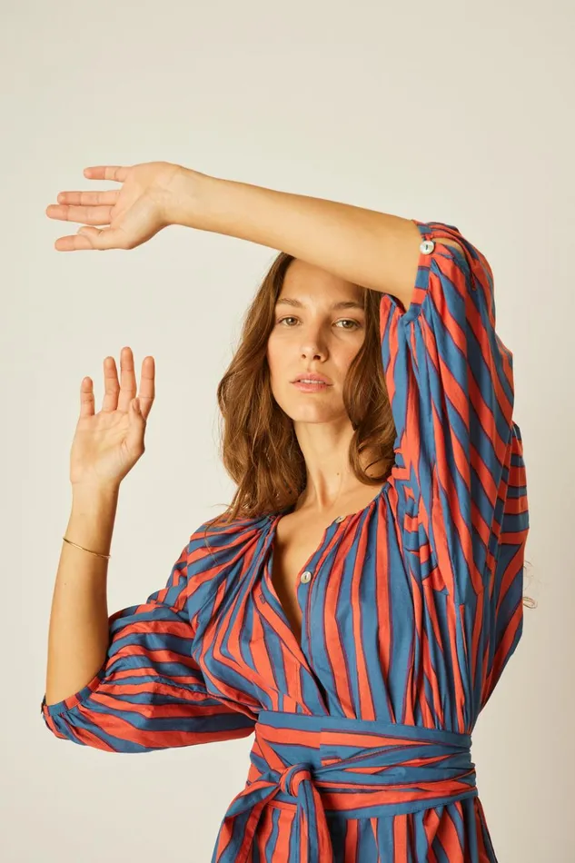 Alex Short Dress With Sash Batik Stripe Sage Women Natalie Martin Dresses
