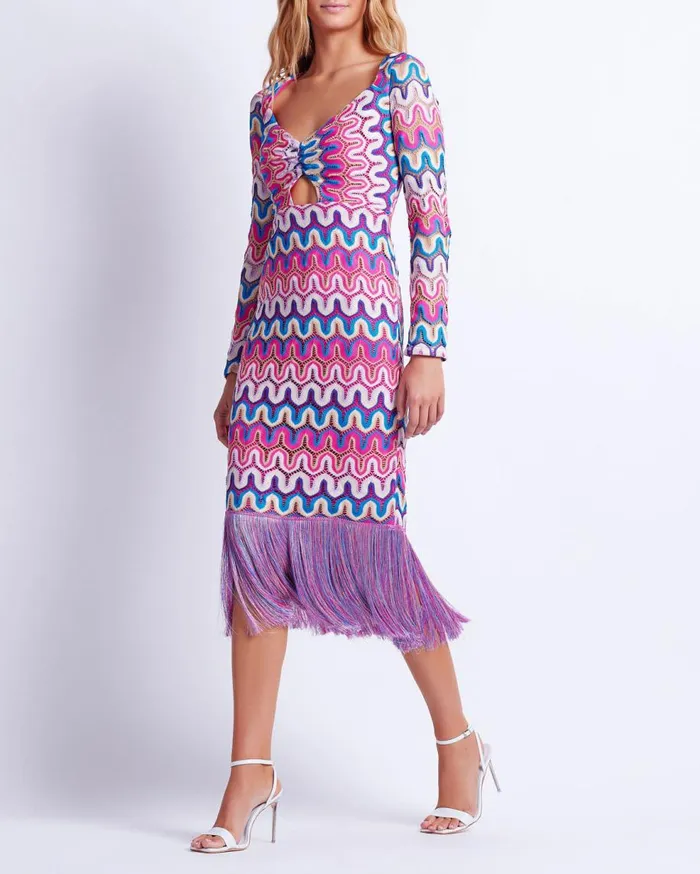 Beach Dresses Women Patbo Crochet CutOut Fringe Trim Midi Dress Pink Multi