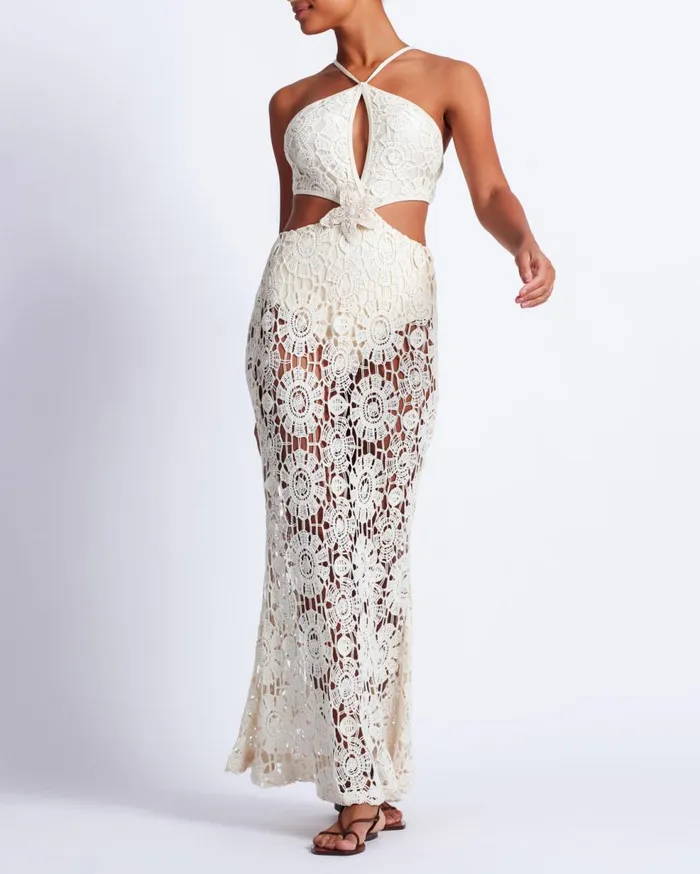Beach Dresses Women Patbo Embroidered Crochet Halterneck Dress Wheat