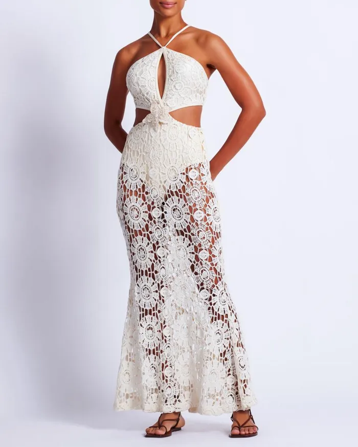 Beach Dresses Women Patbo Embroidered Crochet Halterneck Dress Wheat