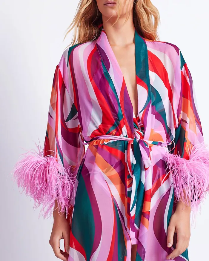 CoverUps Women Patbo Delos Feather Trim Kimono Red Multi