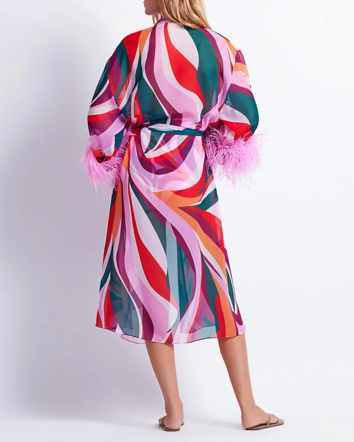 CoverUps Women Patbo Delos Feather Trim Kimono Red Multi