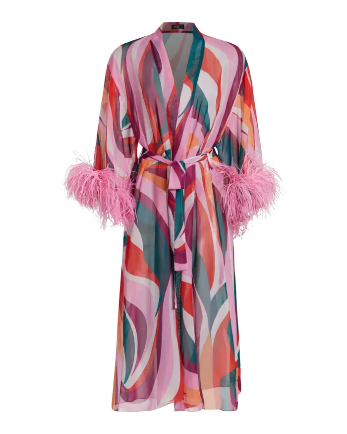 CoverUps Women Patbo Delos Feather Trim Kimono Red Multi