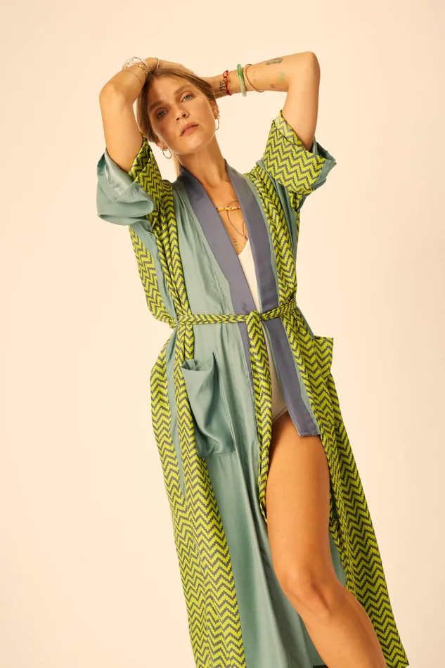 Diane Long Robe Block Zigzag Lime Women Natalie Martin Coverups