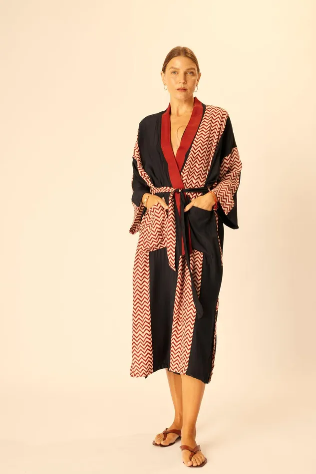 Diane Long Robe Block Zigzag Noire Women Natalie Martin Coverups