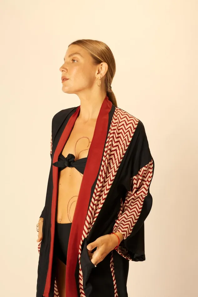 Diane Long Robe Block Zigzag Noire Women Natalie Martin Coverups