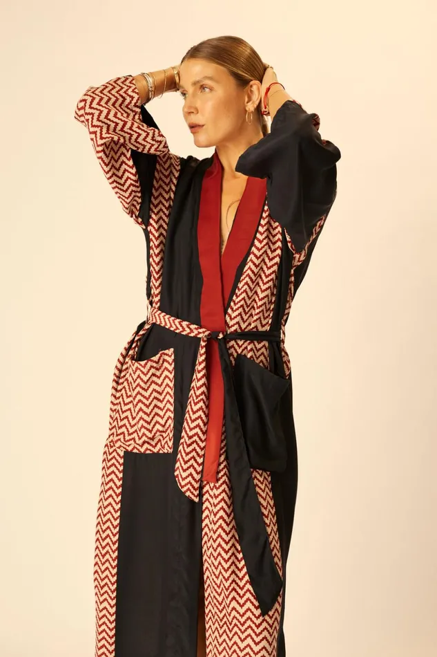 Diane Long Robe Block Zigzag Noire Women Natalie Martin Coverups