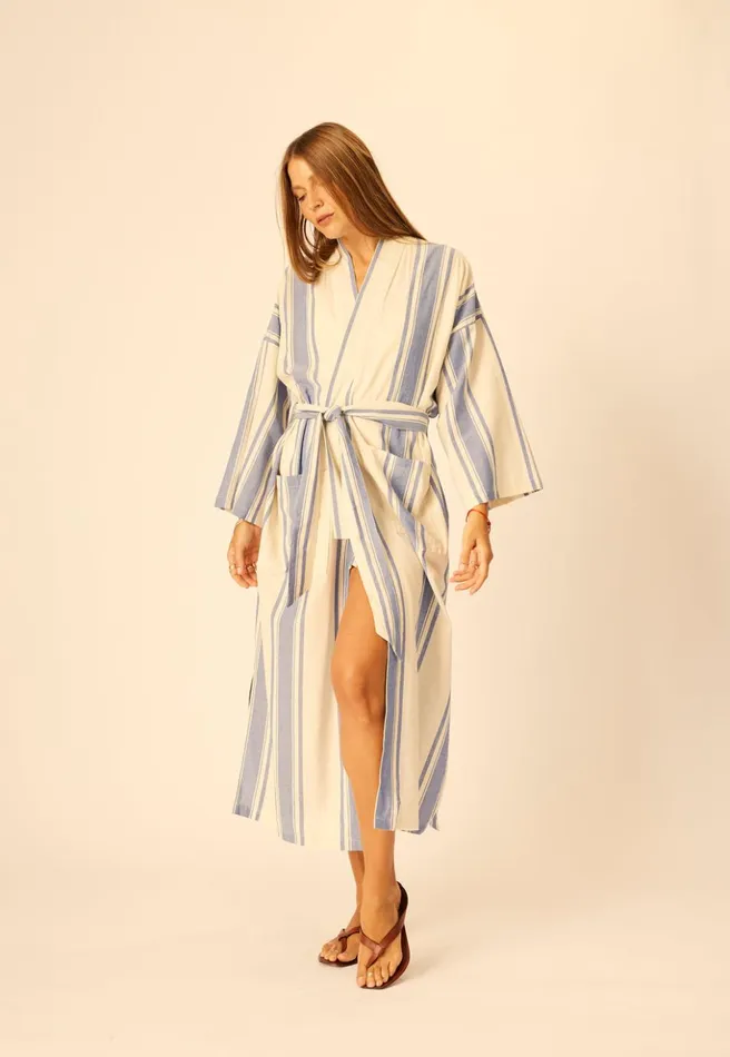 Diane Long Robe French Stripe Blue Women Natalie Martin Coverups