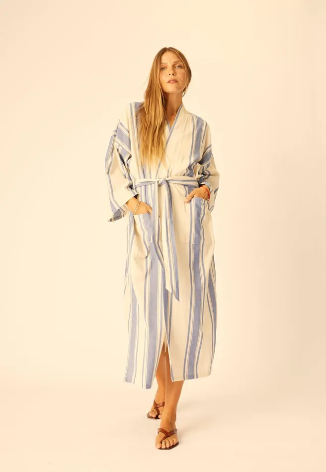 Diane Long Robe French Stripe Blue Women Natalie Martin Coverups