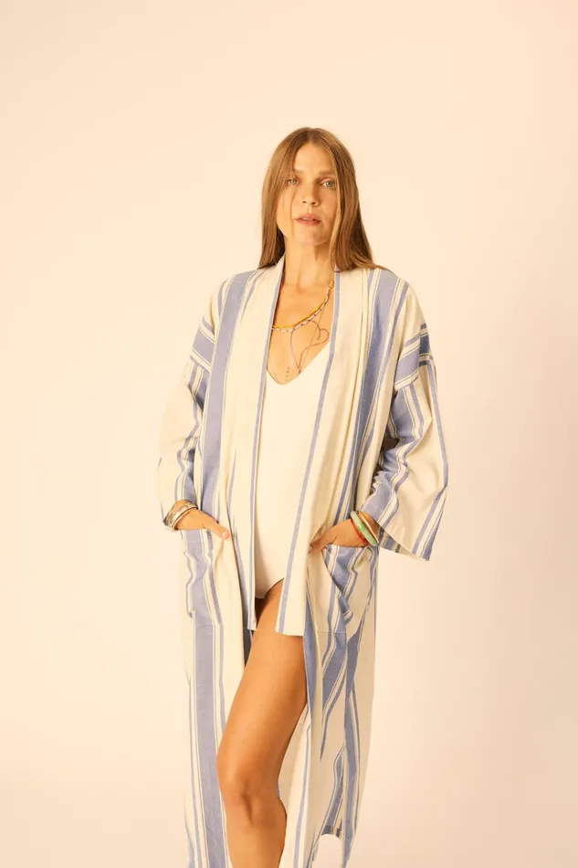 Diane Long Robe French Stripe Blue Women Natalie Martin Coverups