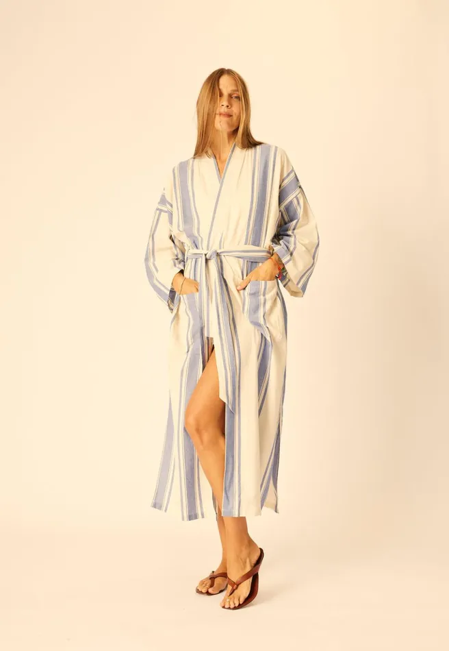 Diane Long Robe French Stripe Blue Women Natalie Martin Coverups