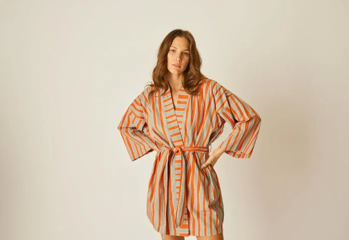 Diane Short Robe Batik Stripe Sage Women Natalie Martin Dresses