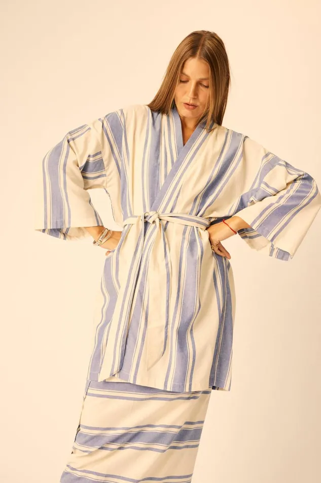 Diane Short Robe French Stripe Blue Women Natalie Martin Coverups