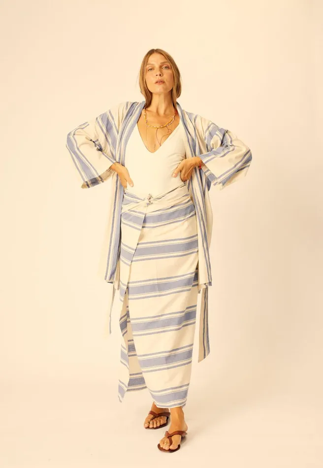 Diane Short Robe French Stripe Blue Women Natalie Martin Coverups