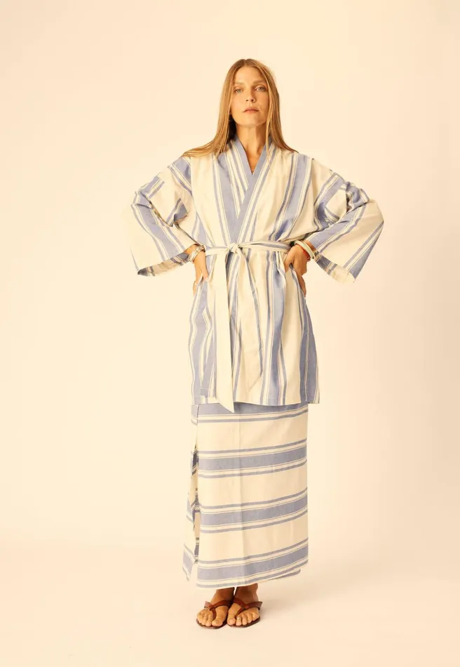 Diane Short Robe French Stripe Blue Women Natalie Martin Coverups