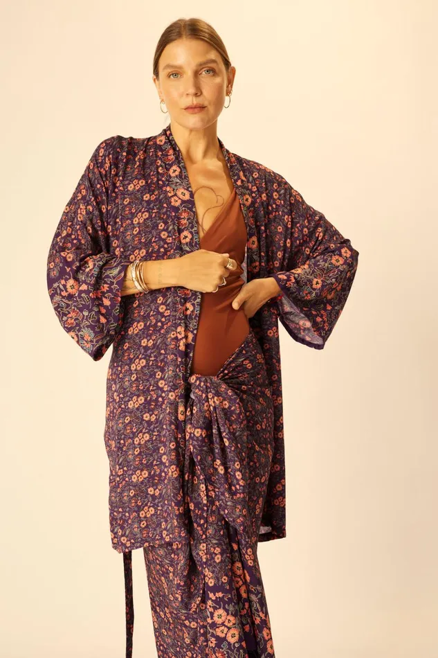 Diane Short Robe Petite Fleur Aubergine Women Natalie Martin Coverups