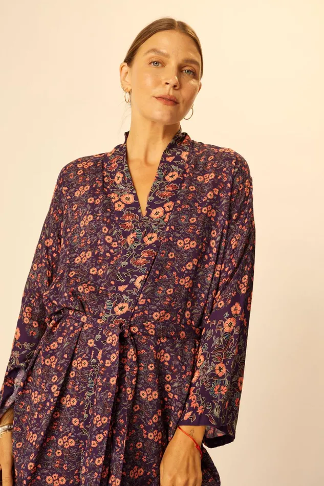 Diane Short Robe Petite Fleur Aubergine Women Natalie Martin Coverups