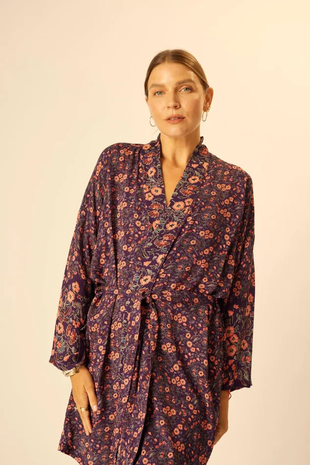 Diane Short Robe Petite Fleur Aubergine Women Natalie Martin Coverups