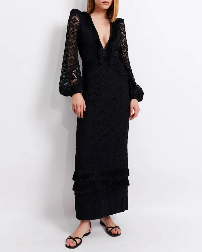 Dresses and Jumpsuits Women Patbo Crochet Plunge Fringe Trim Maxi Black