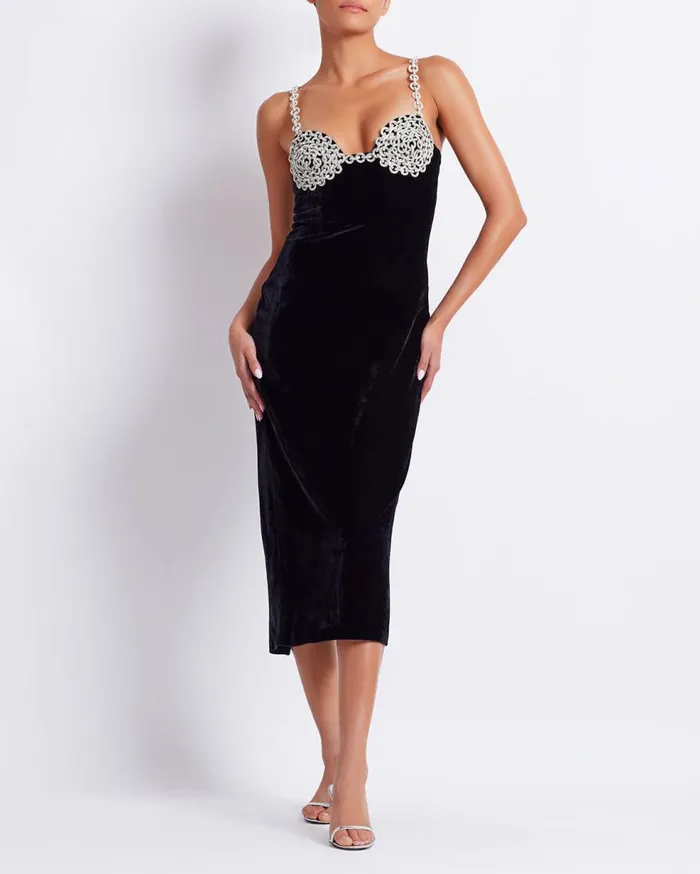 Dresses and Jumpsuits Women Patbo Crystal Chain Velvet Midi Dress Black
