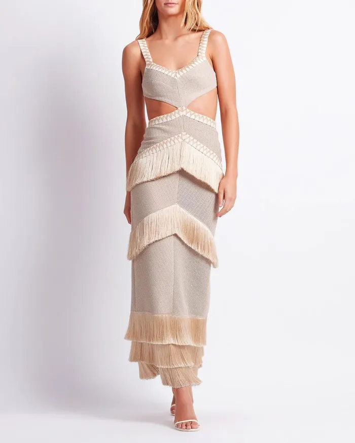 Dresses and Jumpsuits Women Patbo Metallic Knit Maxi Dress With Fringe Trim Clay Dresses and Jumpsuits Women Patbo Metallic Knit Maxi Dress With Fringe Trim Clay