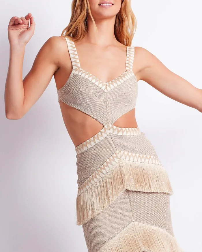 Dresses and Jumpsuits Women Patbo Metallic Knit Maxi Dress With Fringe Trim Clay