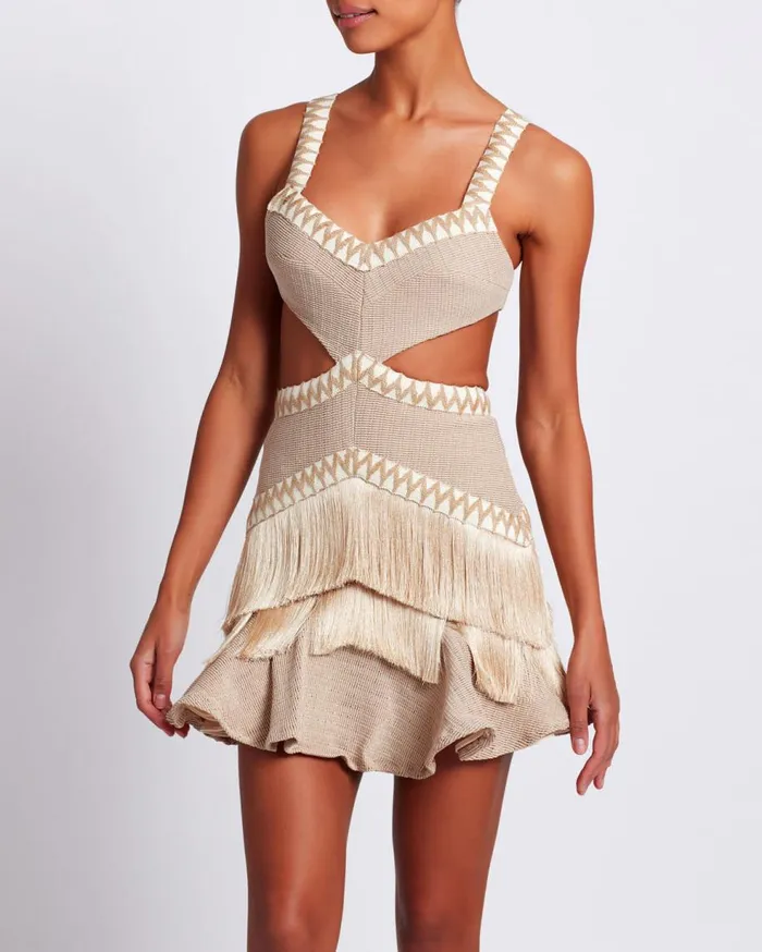 Dresses and Jumpsuits Women Patbo Metallic Knit Mini Dress With Fringe Trim Clay Dresses and Jumpsuits Women Patbo Metallic Knit Mini Dress With Fringe Trim Clay