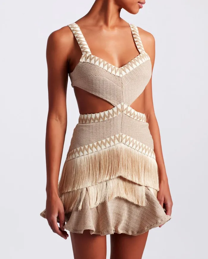 Dresses and Jumpsuits Women Patbo Metallic Knit Mini Dress With Fringe Trim Clay
