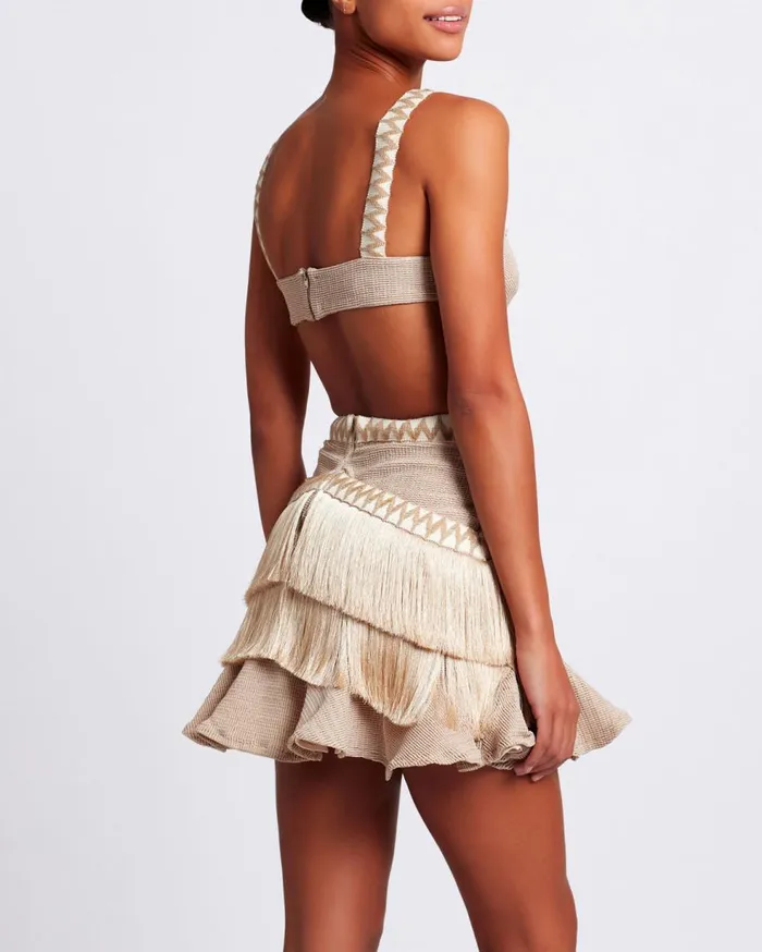 Dresses and Jumpsuits Women Patbo Metallic Knit Mini Dress With Fringe Trim Clay