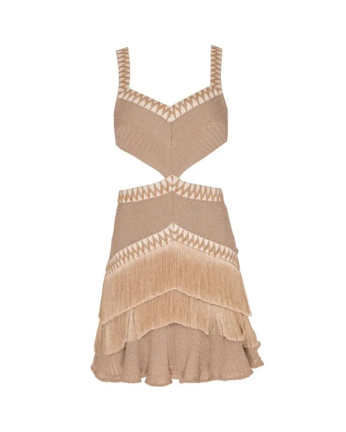 Dresses and Jumpsuits Women Patbo Metallic Knit Mini Dress With Fringe Trim Clay