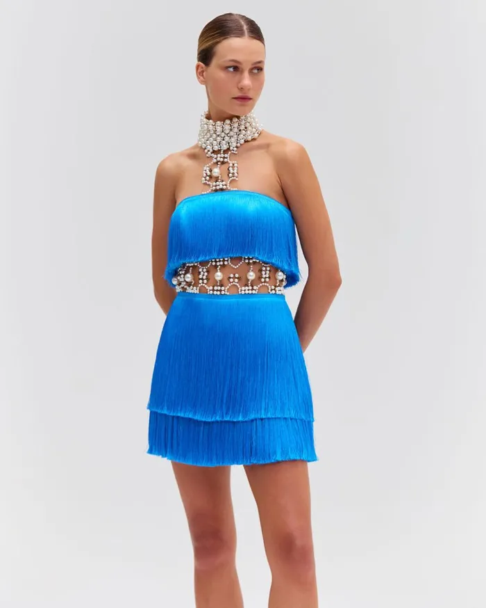 Dresses and Jumpsuits Women Patbo Pearl And Fringe Halterneck Mini Dress Cobalt