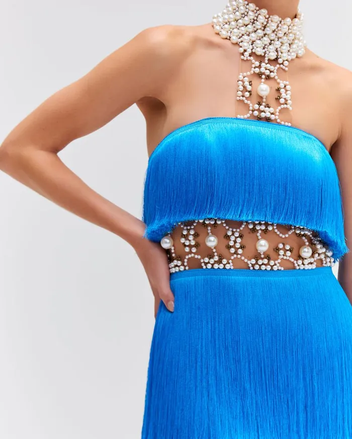 Dresses and Jumpsuits Women Patbo Pearl And Fringe Halterneck Mini Dress Cobalt